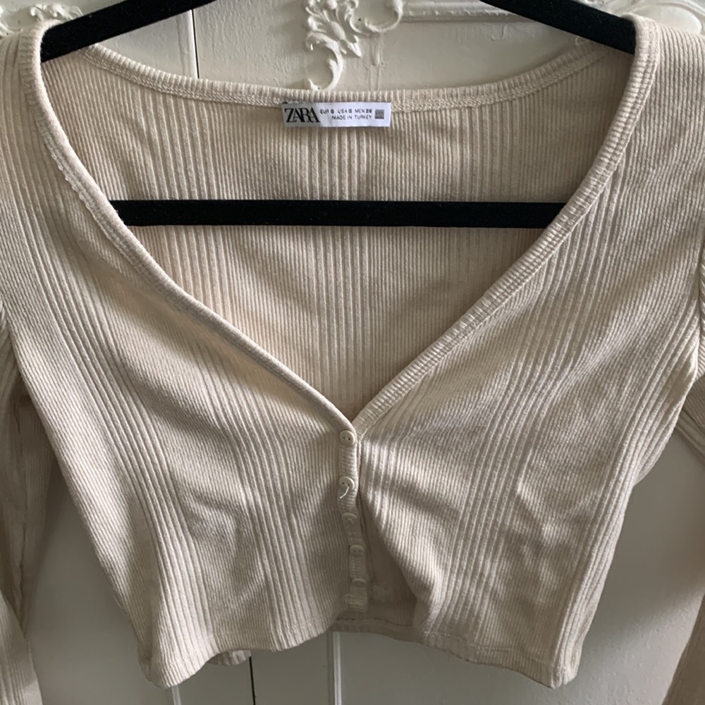 Zara Cream Ribbed Crop Top - Picture 2 of 3